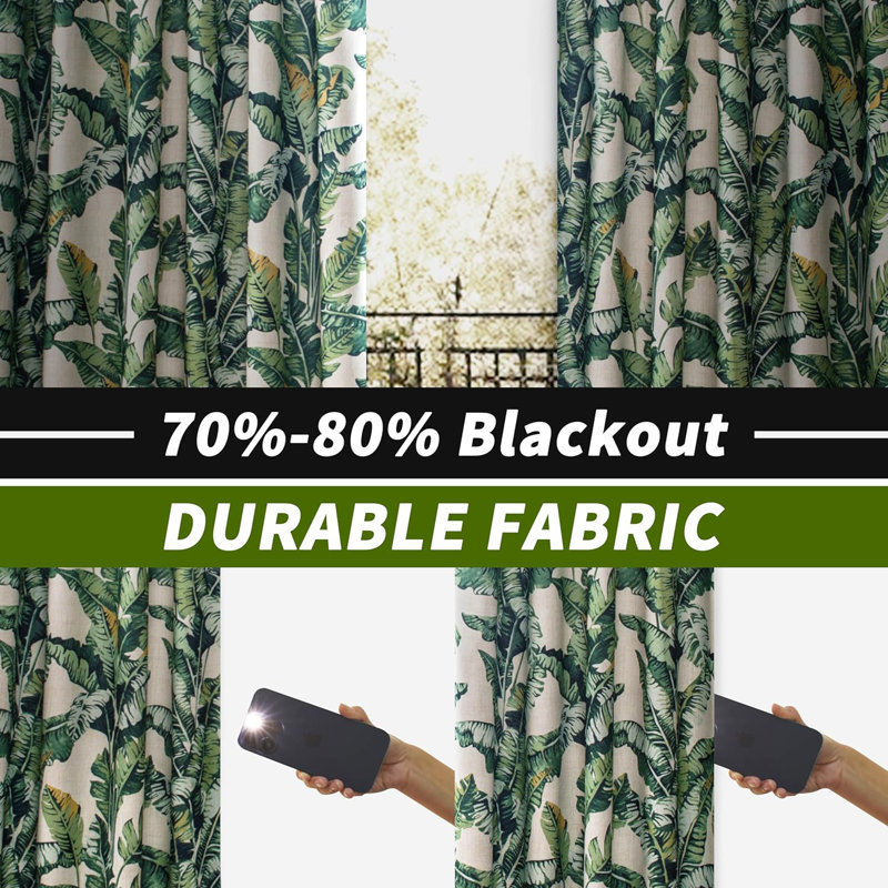 Tropical Green and Beige Linen Blackout Curtain Panels
