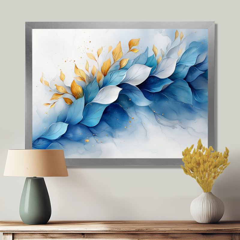 Art mural fougères dorées bleues - brise fougère II, H 30 po x l 40 po, Picture Framed Print, Argent argent