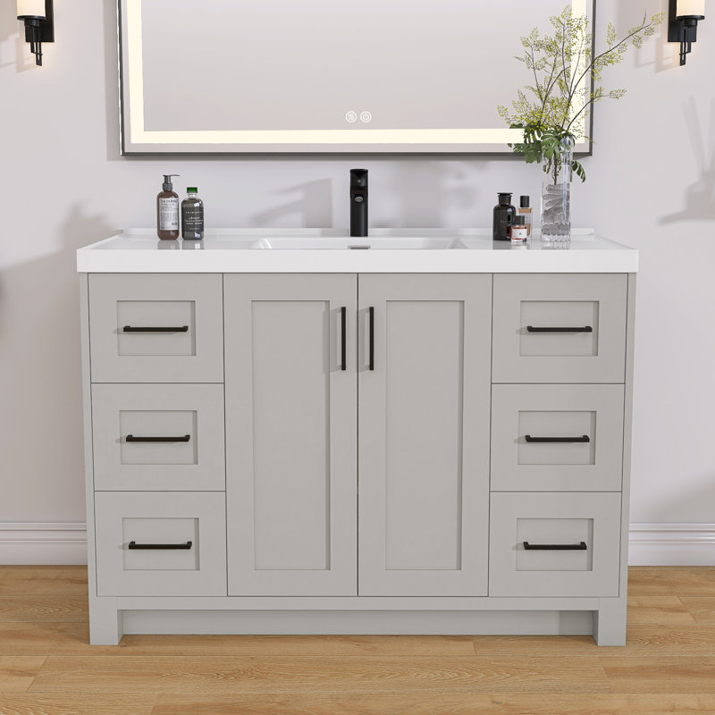 Meuble-lavabo autoportant en bois gris clair avec comptoir à surface solide 48 po.