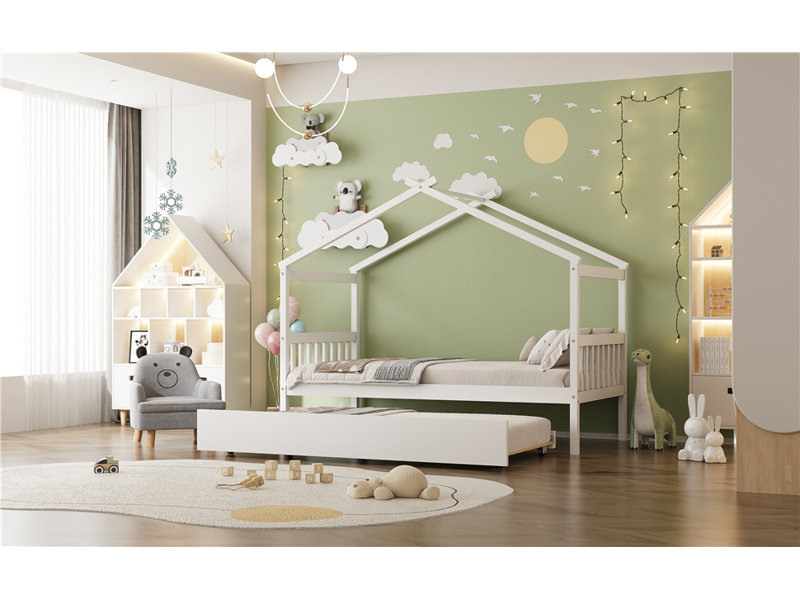 Lit Enchanted Retreat House avec lit gigogne en bois de pin, Lit simple, Blanc