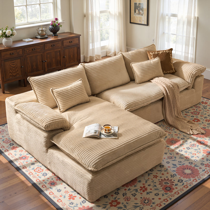 Boneless 112.6'' Oversized Corduroy Sectional Sofa With Chaise, 2-piece Cloud Couch For Cozy Winter Living, Plush Double-layer Cushions, No Assembly Needed