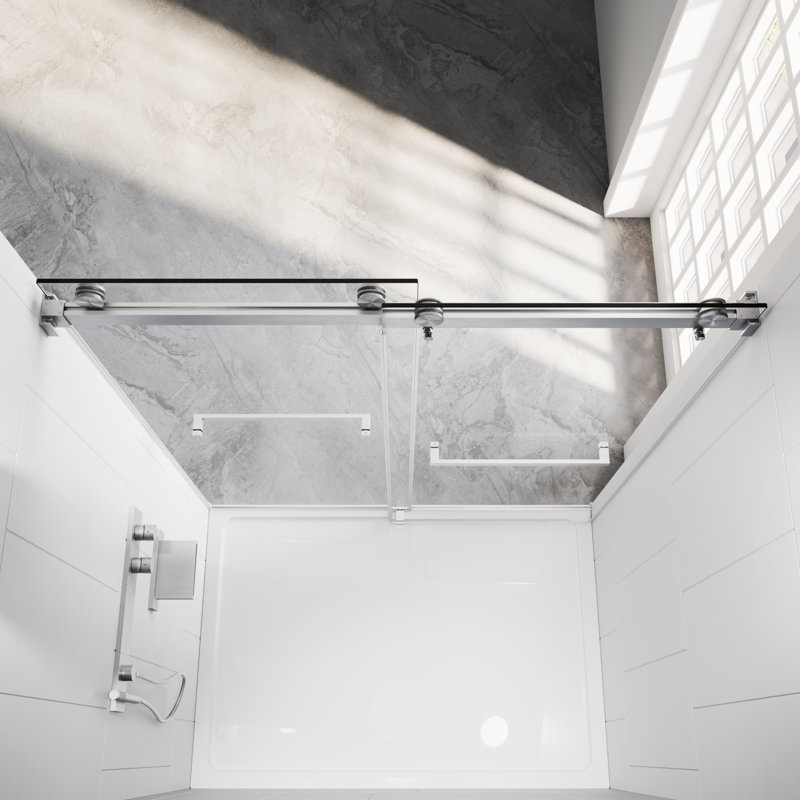 Porte de douche coulissante double sans cadre de 142 à 152 cm (L) x 203 cm (H), en verre trempé transparent de 10 mm, accessoires en acier inoxydable nickel brossé
