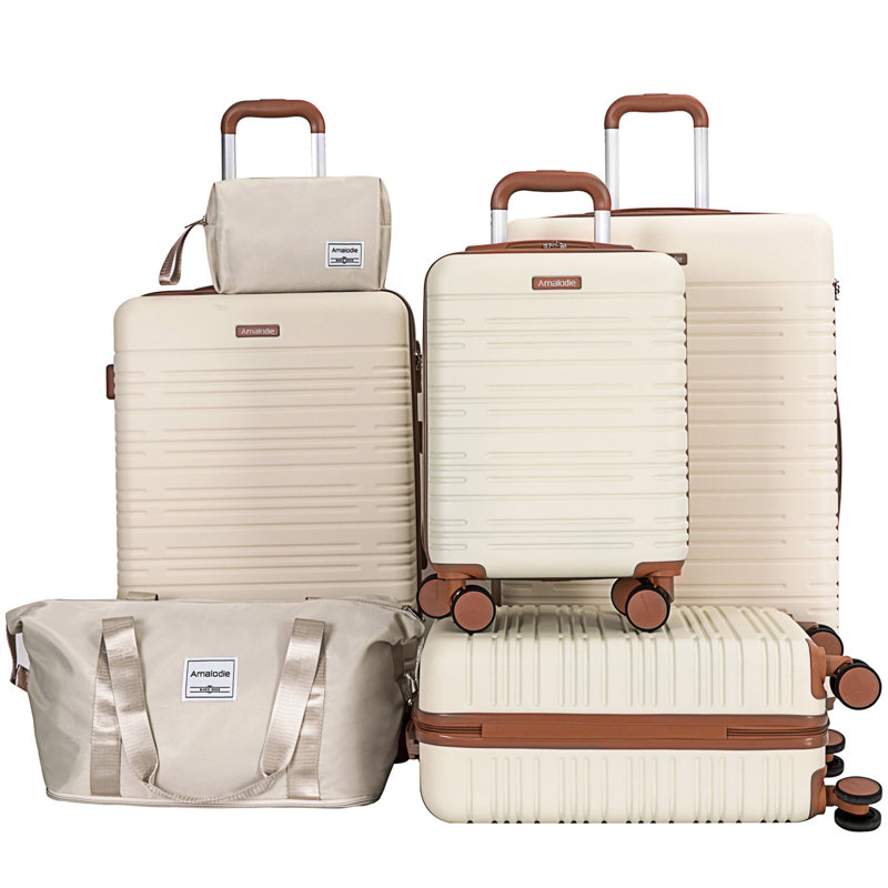 Ensemble de bagage 6 pièces, valise rigide de voyage en ABS avec serrure TSA, beige