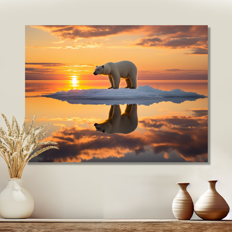 Ours polaire sur l'iceberg, coucher de soleil rose - ours, art mural, H 34 po x l 44 po, Toile tendue