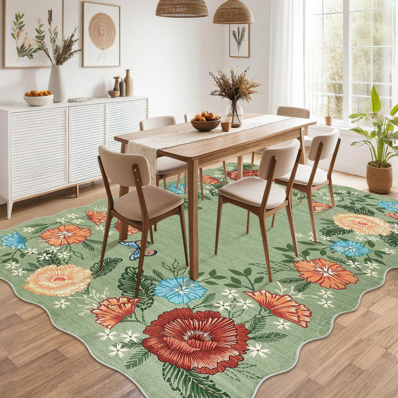 Floarl Machine Washable Rug with Rubber Backing for Living Room Modern Non-Slip Dining Room Rug Easy-Cleaning Floor Carpet for Bedroom Dorm Playroom