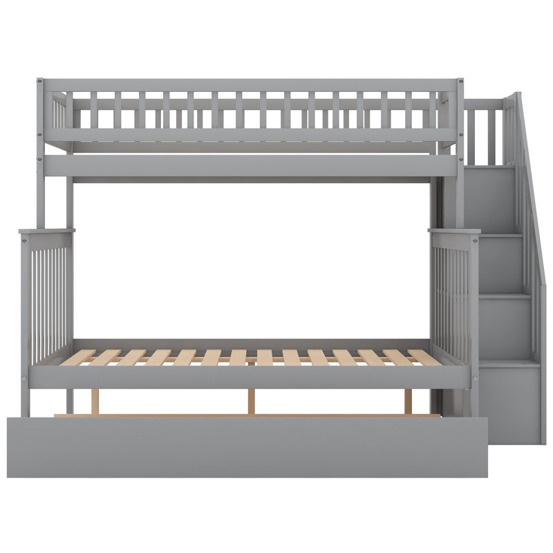 Bunk Bed with Trundle and Staircase,Twin over Full,65.30"H*57.80"W*90.80"L, Gray