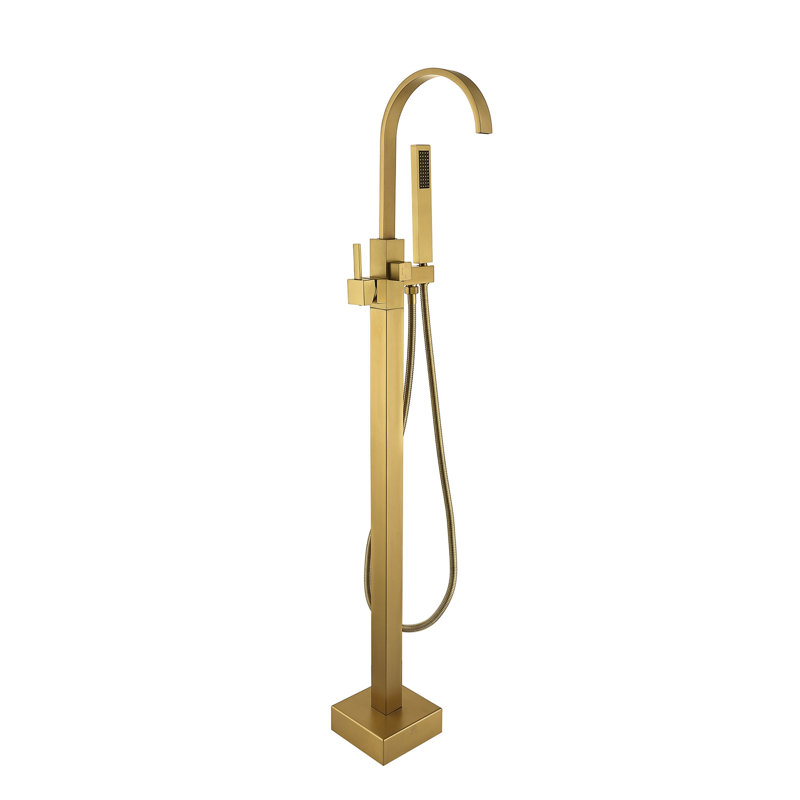 Topcraft Single Handle Floor Mounted Freestanding Tub Faucet with Handheld Shower, Brushed Brass, Brushed Brass