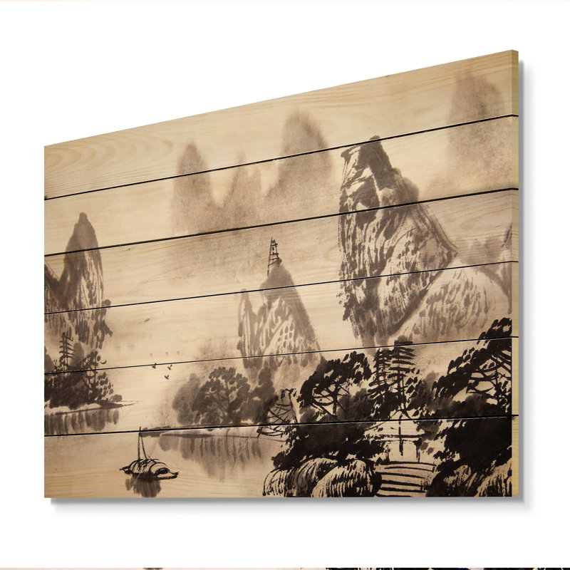 Paysage traditionnel chinois IV - impression traditionnelle sur bois, H 8 po x l 12 po x P 1 po