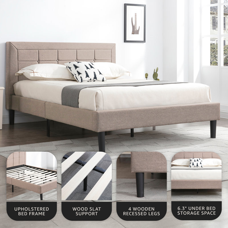 DeCoro Mornington Upholstered Platform Bed w/ Metal Frame, Full, Linen