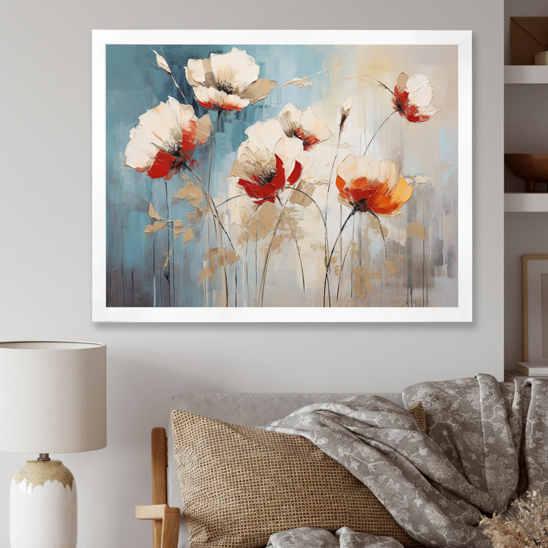 «Beige Poppy Meadow Melody I» sur toile, Cadre simple blanc, H 24 po x l 32 po x P 1 po