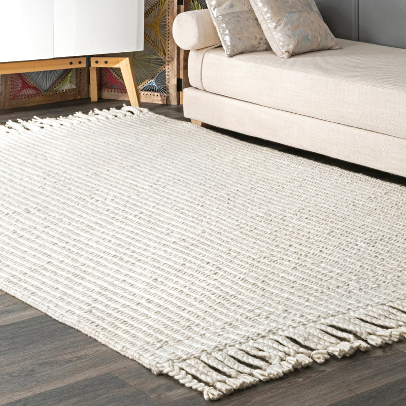 Tapis blanc cassé en laine tissé à la main Sinclair, Rectangle 5 pi x 8 pi