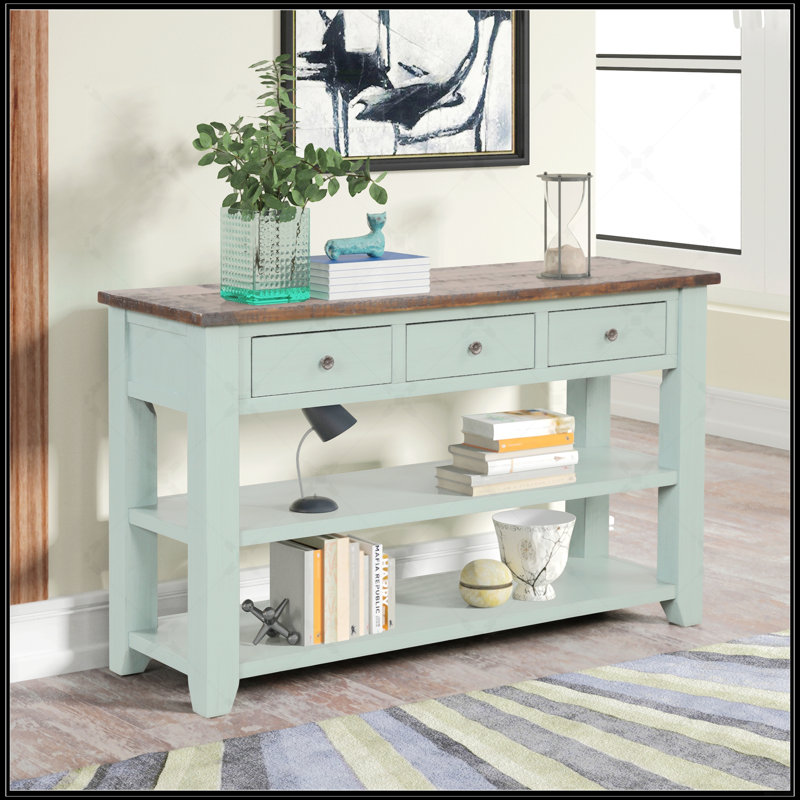 Console en bois de pin massif 48 po, table d'appoint moderne avec 3 tiroirs et 2 tablettes, facile à assembler, Marron foncé