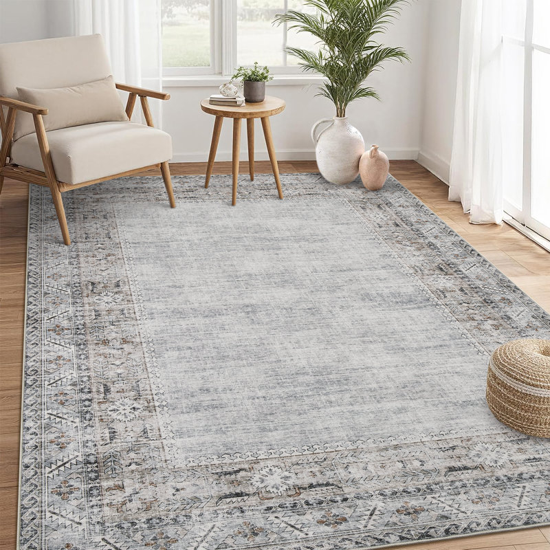 Large 9x12 Washable Rugs Vintage Distressed Border Area Rug For Living Room Stain Resistant Carpet With Non-Slip Backing Folding Floor Cover For Bedroom Nursery Apartment,Grey/Green
