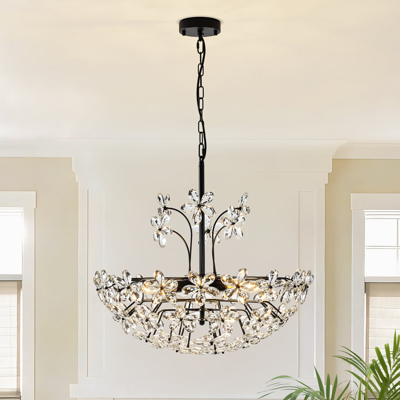 Kuol 8-Light Dimmable Empire Crystal Chandelier Ceiling Light With Champagne Flower Accents, Matte Black