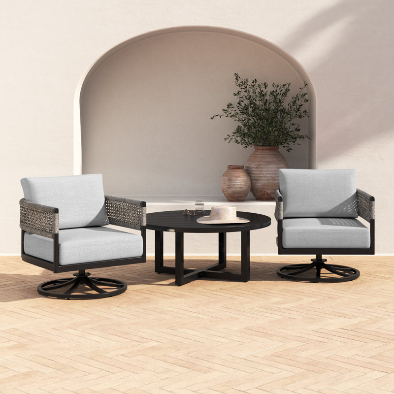 Scotia 3 Piece Patio Outdoor Swivel Seating Set In Black Aluminum With Grey Rope And Cushions
