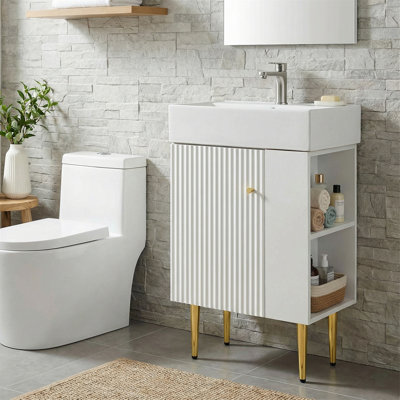 21.6" Bathroom Vanity With Single Ceramic Sink, Combo Cabinet, Right Side Storage - White