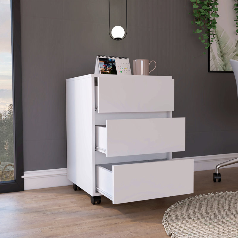 3 Drawer Filing Cabinet, Four Casters, Superior Top -White