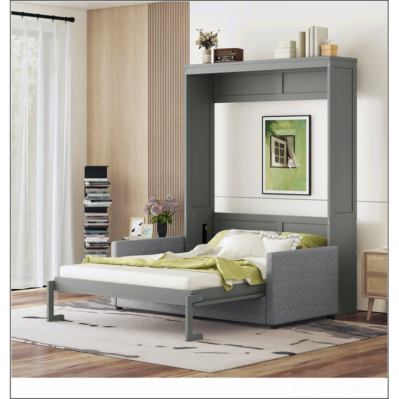 Grand lit escamotable mural avec coussin, gris, Gris, Grand lit
