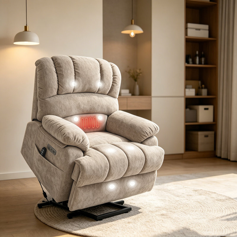 23" Wide High Back Beige Chenille Power Lift Recliner with 8-Point Massage & Lumbar Heat