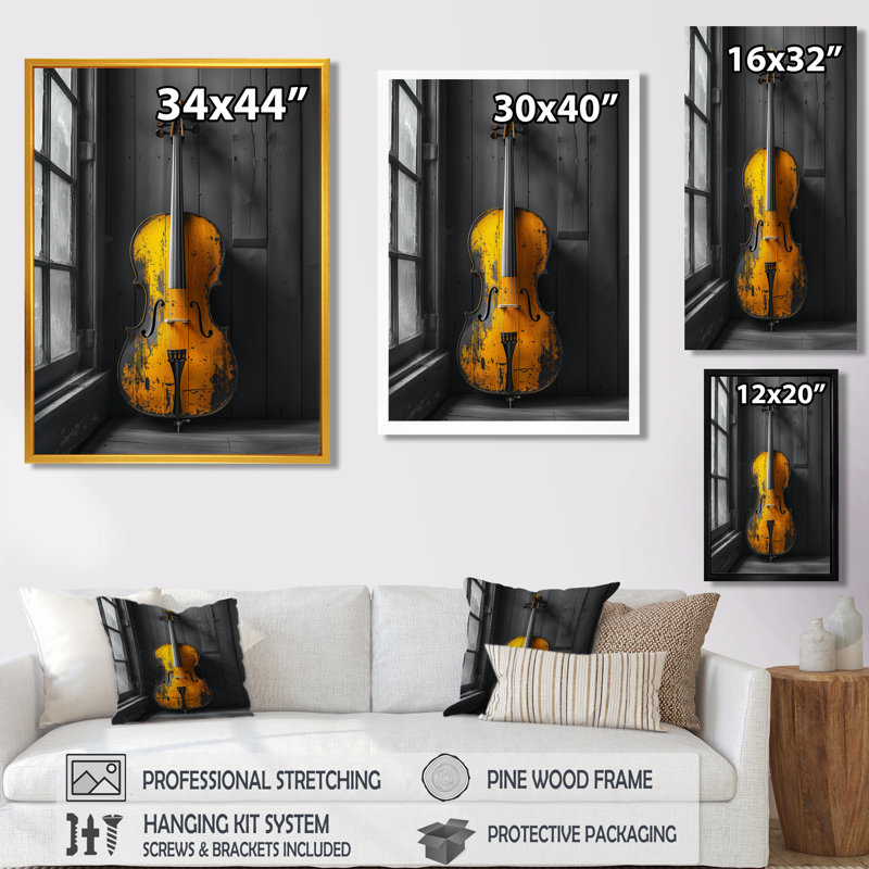 «Gray and Yellow Music Cello Chic - Music Jazz Wall Art, Cadre photo noir, H 30 po x l 40 po