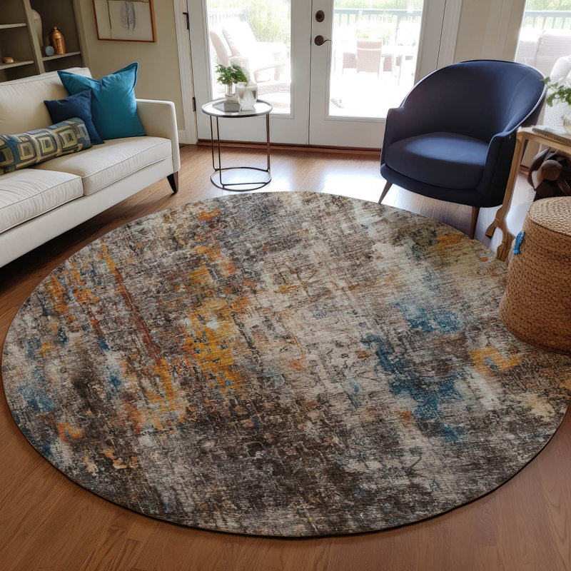 Tapis taupe Ayush ACN655 intérieur / extérieur lavable à la machine, Rond 8 pi
