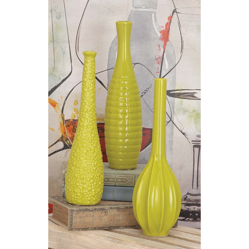 Ceramic Slim Textured Bottleneck Decorative Vase with Varying Patterns Set, Lime