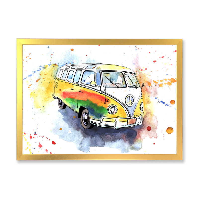 «Retro Grungy Hippy Bus», peinture sur toile, H 24 po x l 32 po x P 1 po, Cadre doré à coins fermés