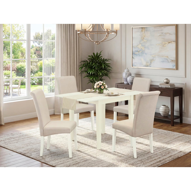 Solid Wood Top - Dining Room Set - Seats, Linen White, Cream , 5 Pieces: 1 Table, 4 Chairs