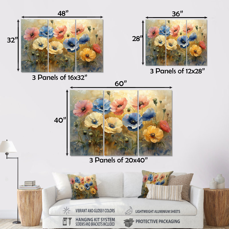Ensemble de salon Stowmarket - Poppies Wall Art, Métal métal, H 40 po x l 60 po x P 1 po