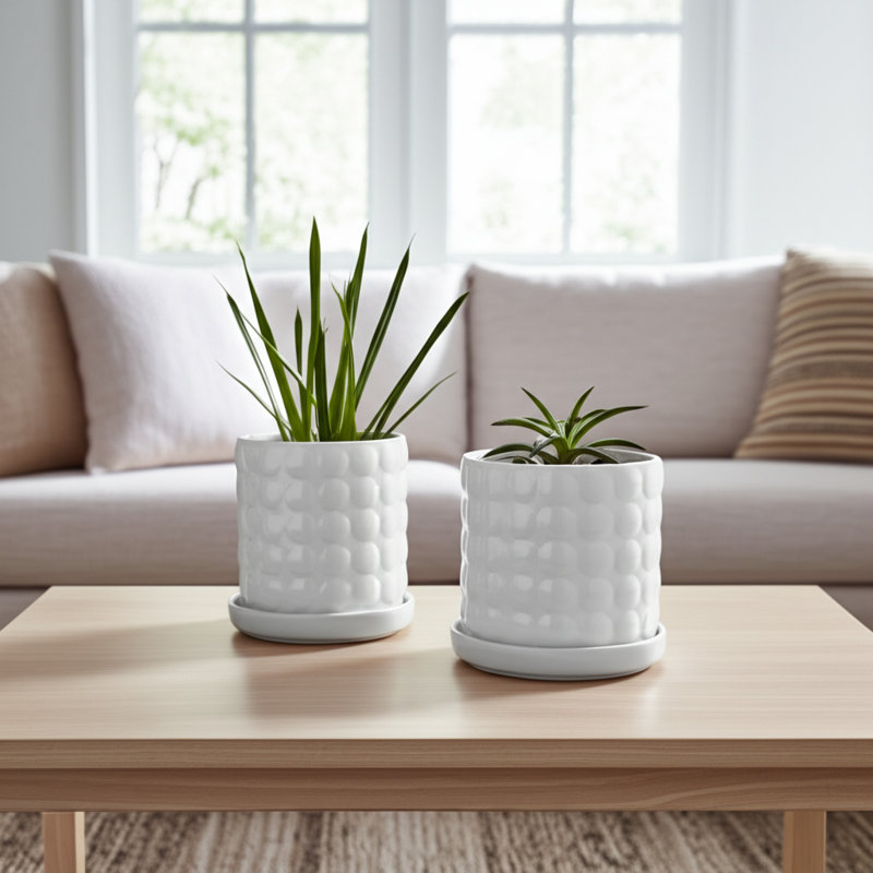 Geometric Design Ceramic Planters with Saucer for Indoor, Outdoor and Patio Use - Modern Home Accent Flower Pots for Living Room Decor - Set of 2, White