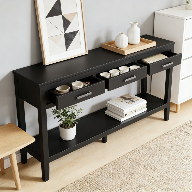 59.1'' Farmhouse Painted Console Table With 3 Drawers & Bottom Shelf – Iron Handles Minimalist Sofa Table For Home & Office