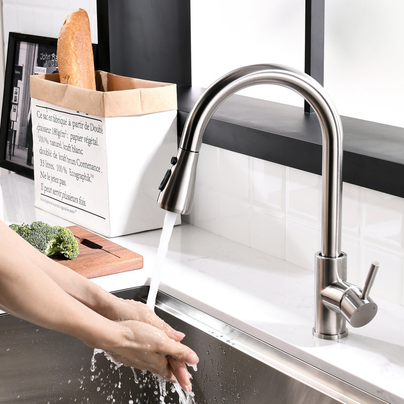Robinet de cuisine rétractable, nickel brossé, laiton à poignée simple, commande tactile, options de jet d'eau, méthode d'installation pratique, rapide et facile