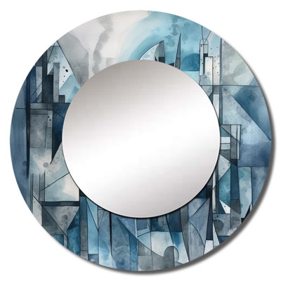 Shaune Blue Abstracted Harmonies Of Shape III - Geometric Mirror, Modern Round Unique Wall Mirror, Printed Metal Art
