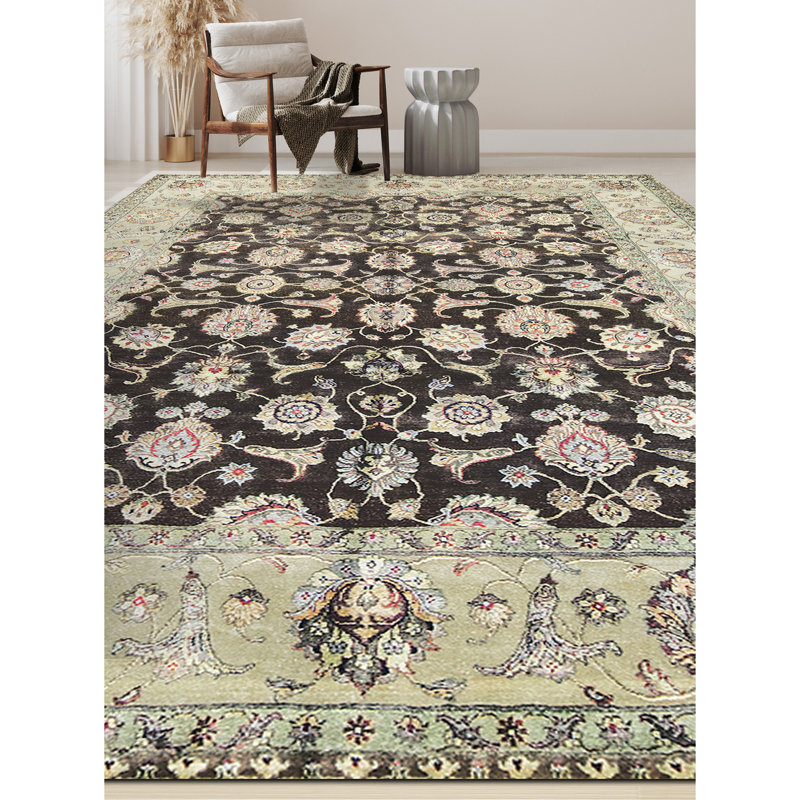 Tapis brun et crème noué à la main de haute qualité