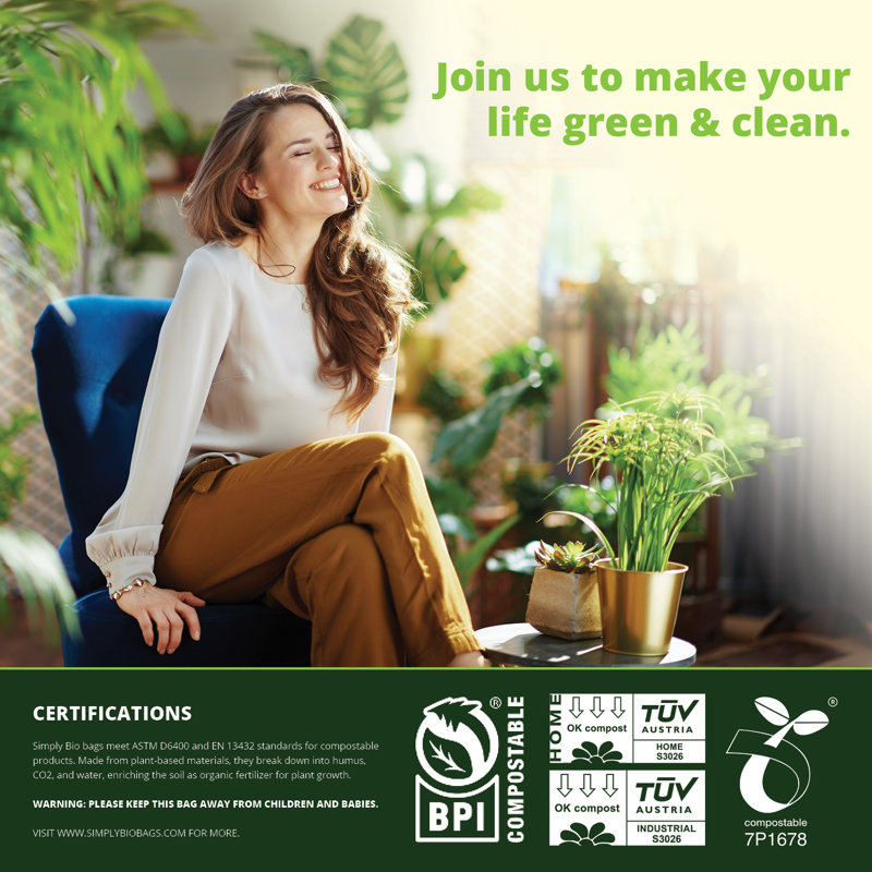 Simply Bio Green Compostable Drawstring Trash Bags, 1.6 Gallon, 50-Count