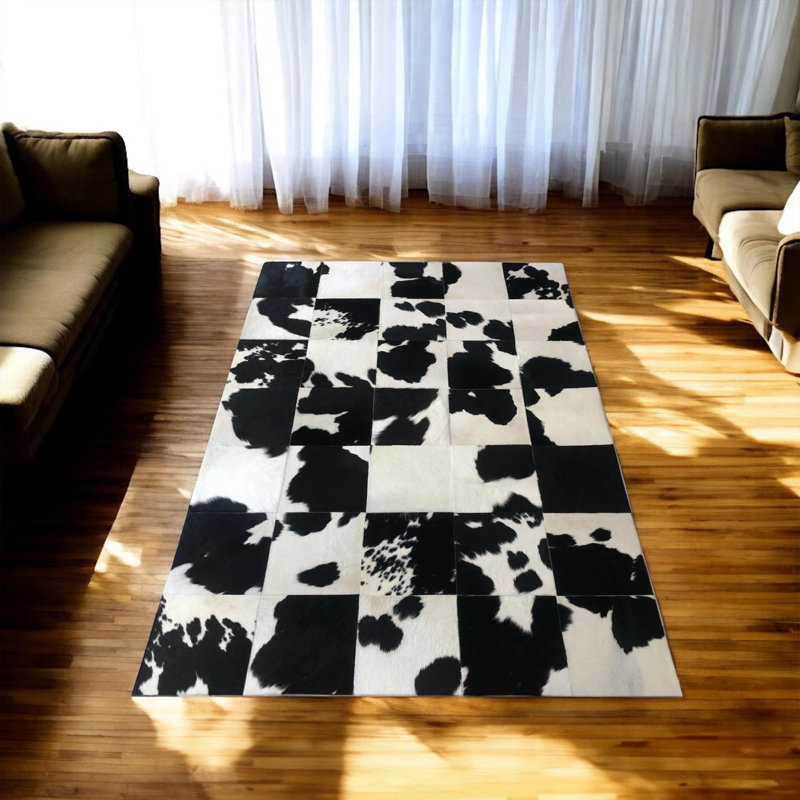 Tapis en cuir de vache noir et blanc à imprimé patchwork - Tapis en cuir pour le salon, la chambre à coucher - Tapis de sol multi-tailles