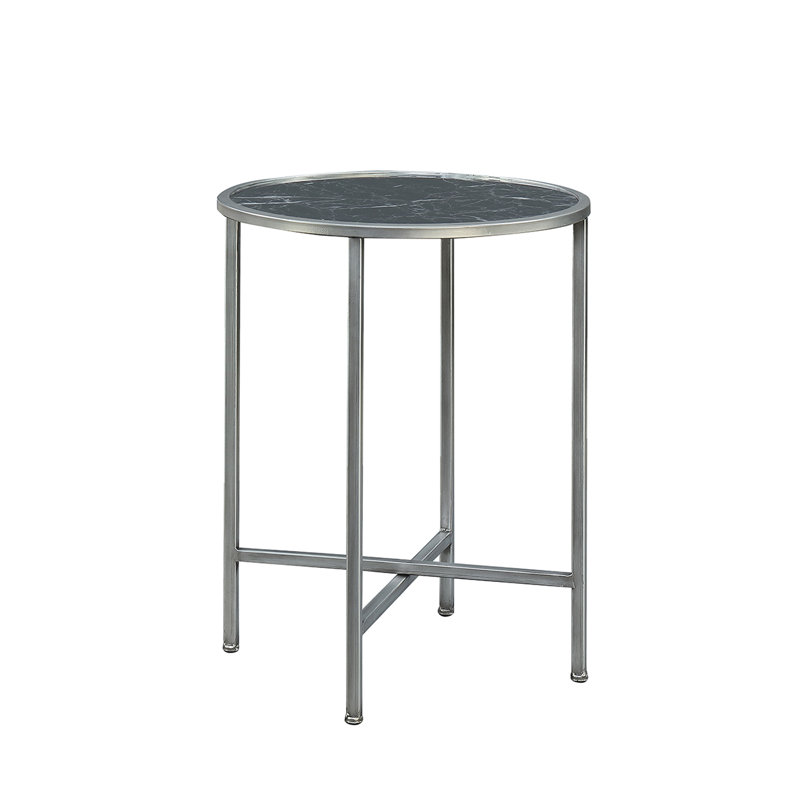 Benvolio Round End Table with Metal Frame, Black Marble/Silver Frame