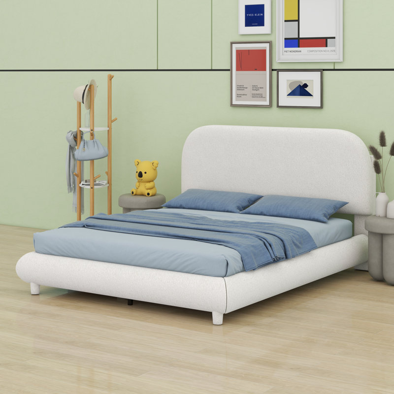 Lit plateforme tapissier avec tissu épais, structure solide et design courbé élégant, Beige, Double