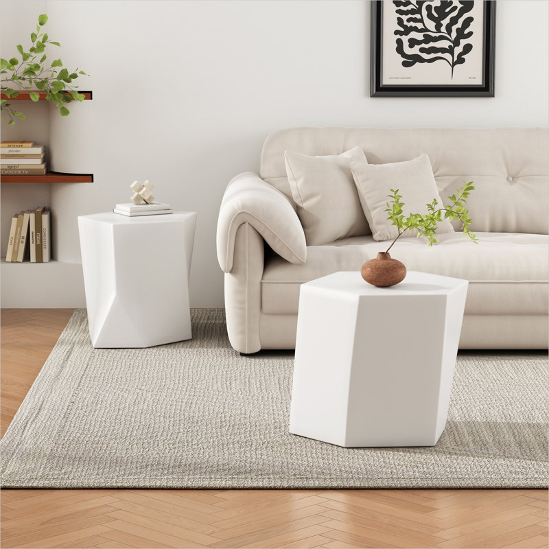 Ensemble de tables basses géométriques avec conception à deux tables flexibles, oxyde de magnésium blanc, largeur de 30,25 pouces
