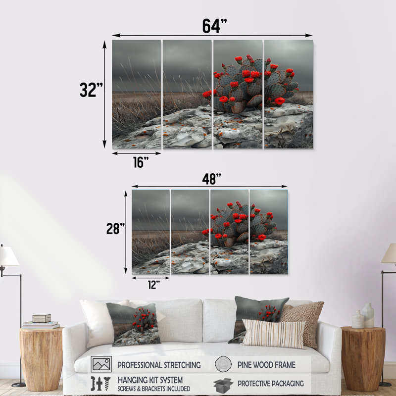 «Red Cactus Desert Drama» - Ensemble de décoration murale cactus floral, H 28 po x l 48 po