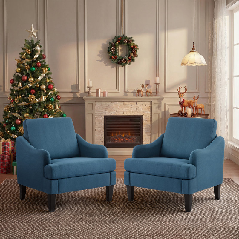 31" W Linen Sloping Handrail Small Bedroom Chairs Mid Century Modern Accent Chair , Blue Linen