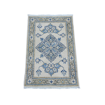 Tapis nacré 2 pi x 3 pi blanc vieilli avec médaillon tribal, noué à la main, 100% laine, colorants naturels, tapis, échantillon, tapis oriental