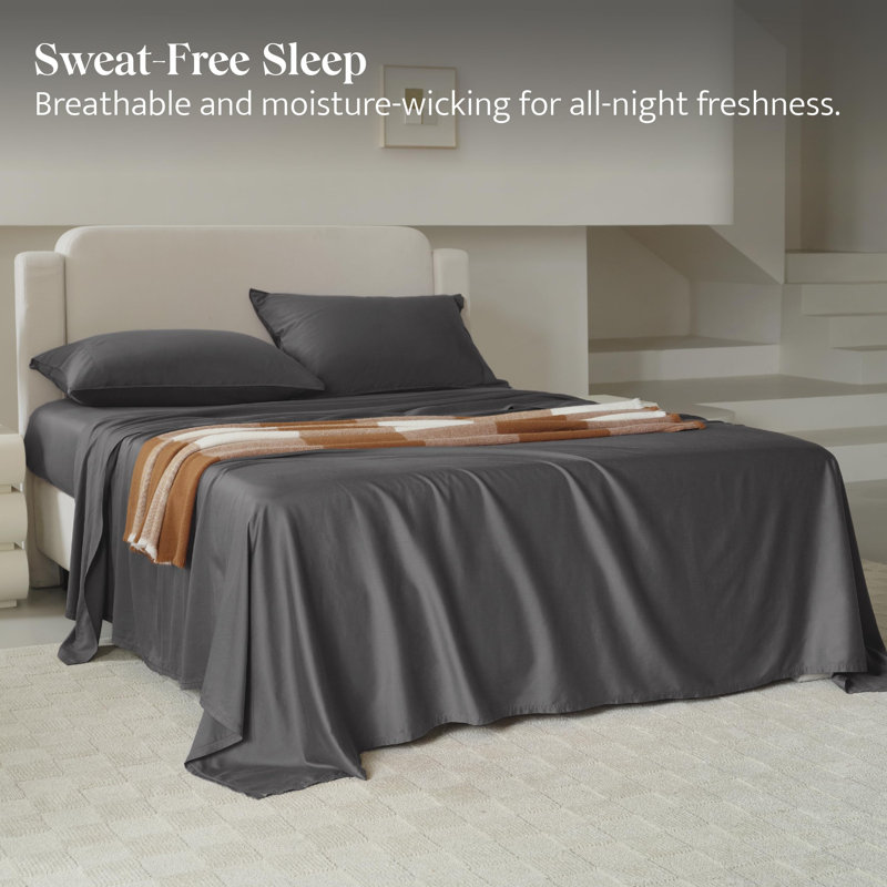 Double Stitch Sheet - Luxury Cotton Tencel Eucalyptus Bed Sheets Deep Pocket, 4 Pc Soft Hotel Bedding Set Cooling Breathable, 1 Fitted Sheet & 1 Flat Sheet & Pillowcases