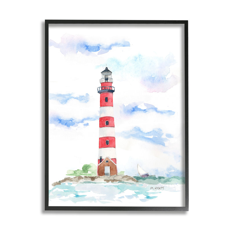 Phare à rayures rouges, paysage côtier doux, Giclée encadrée noir minuit, H 14 po x l 11 po