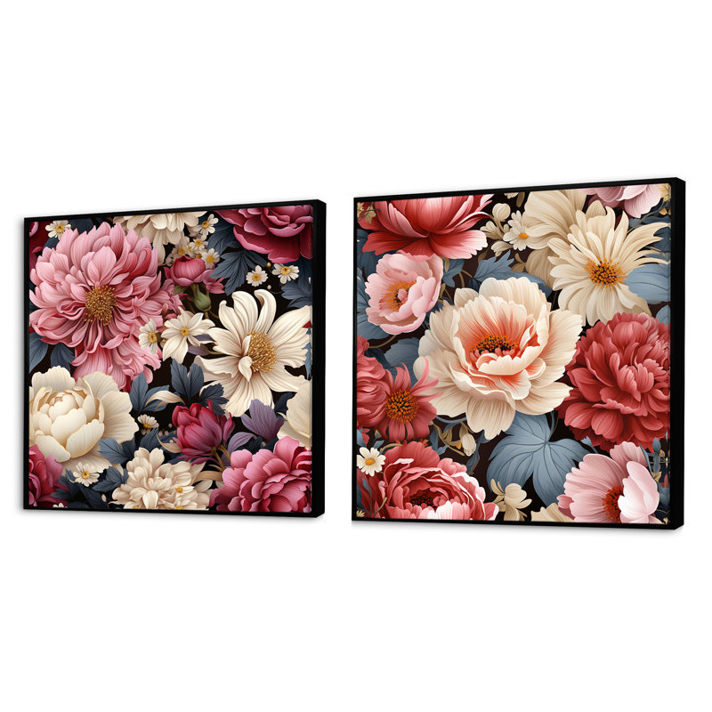 Astrid - Ensemble de 2 collages floraux carrés, Cadre flottant noir, H 16 po x l 33 po