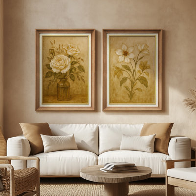 «Vintage Botanical Rose and Daisy Study» - ensemble de 2 reproductions d'art mural encadrées de qualité supérieure sur papier 26 po x 36 po
