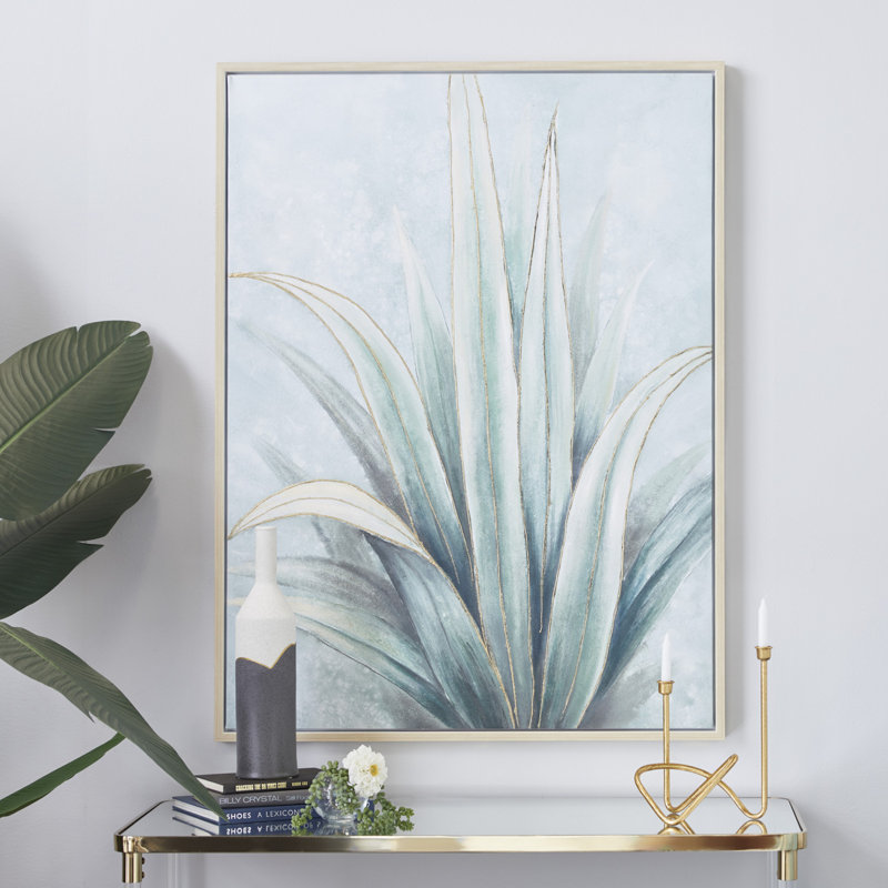 Toile, feuille d'agave, art mural vert encadré avec cadre beige