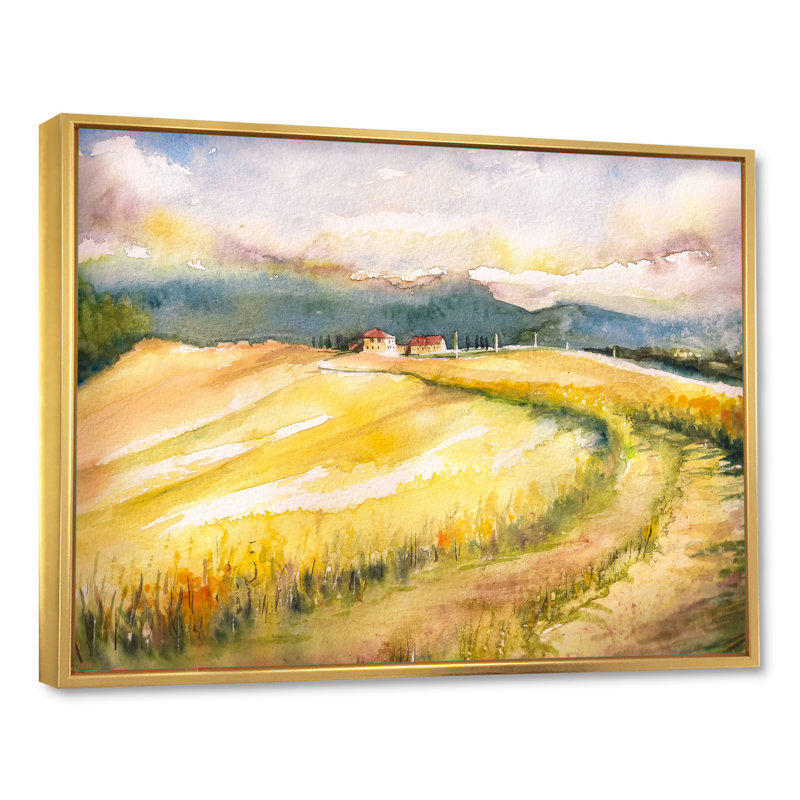 «Italian Blossoming Hayfields», peinture sur toile, Cadre flottant doré, H 34 po x l 44 po