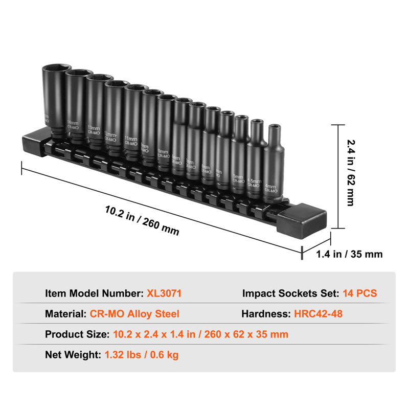 Impact Sockets Set 14Pcs 6-Point 1/4" Drive Bit Ratchet Tool Kit Case