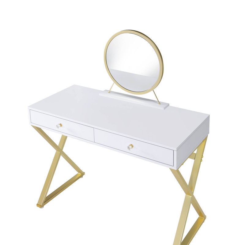 Bureau blanc et doré avec miroir et plateau de rangement pour bijoux | Idée de cadeau